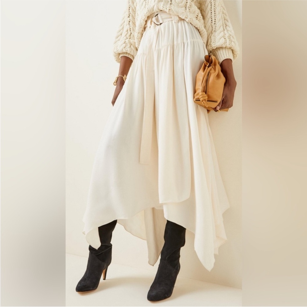 Ulla‎ Johnson Vida Midi Skirt Blanc Cream Handkerchief Hem Size 10 Crepe Belted